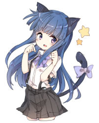 Rule 34 | 1girl, animal ears, blue hair, blunt bangs, cat ears, cat tail, commentary request, furude rika, furuderi mayono, higurashi no naku koro ni, long hair, looking at viewer, open mouth, paw pose, purple eyes, short sleeves, simple background, skirt, smile, solo, star (symbol), suspender skirt, suspenders, tail, upper body, white background