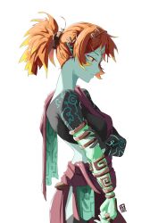 Rule 34 | 1girl, automatic giraffe, blonde hair, blue skin, breasts, colored sclera, colored skin, commentary, english commentary, hair ornament, hairclip, hand on own arm, highres, jewelry, large breasts, looking down, medium hair, midna, midna (true), multicolored hair, nintendo, orange hair, pointy ears, red eyes, ring, short ponytail, signature, simple background, smile, solo, spoilers, the legend of zelda, the legend of zelda: twilight princess, two-tone hair, white background, yellow sclera