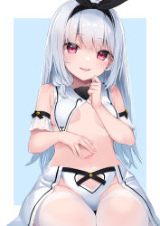 Rule 34 | 1girl, absurdres, bare shoulders, black hairband, black ribbon, blue background, breasts, clothing cutout, commentary request, groin, hair ribbon, hairband, hashiko nowoto, heart cutout, highres, long hair, looking at viewer, navel, original, parted lips, red eyes, ribbon, sidelocks, silver hair, sitting, small breasts, smile, solo, spread navel, teeth, thighhighs, two-tone background, upper teeth only, very long hair, white background, white thighhighs