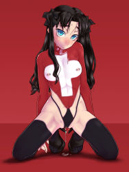 Rule 34 | 1girl, arms behind back, bad id, bad pixiv id, black hair, black thighhighs, blue eyes, blush, bodypaint, breasts, false clothes, fate/stay night, fate (series), hair ribbon, highleg, highleg panties, highres, kneeling, long hair, medium breasts, navel, nipple piercing, nipples, nude, painted clothes, panties, piercing, pussy juice, pussy juice puddle, pussy juice trail, raplus, rauff08izowuff09+, red background, ribbon, sandals, solo, sweat, sweater, thighhighs, tohsaka rin, two side up, underwear
