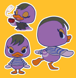 Rule 34 | 1girl, animal crossing, bird, crop top, cup, drinking, duck, highres, holding, holding cup, kopa nishikida, looking at viewer, looking back, mallary (animal crossing), nintendo, shirt, simple background, standing, standing on one leg, striped clothes, striped shirt, yellow background