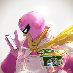 Rule 34 | 1boy, artist name, backlighting, bodysuit, captain falcon, cellphone, chopsticks, commentary request, cup ramen, donbee (food), donbei kitsune udon, f-zero, food, food request, gloves, helmet, highres, holding, holding food, instant udon, looking at phone, male focus, nintendo, nissin donbei, phone, pink gloves, pink headwear, scarf, solo, super smash bros., takami masahiro, twitter username, watermark, web address, white background, yellow neckwear