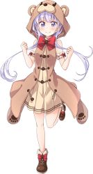 Rule 34 | 10s, 1girl, animal hood, bear hood, bow, bowtie, clenched hand, full body, hood, kirara fantasia, light purple hair, long hair, new game!, official art, open mouth, red bow, red bowtie, red ribbon, ribbon, smile, solo, standing, standing on one leg, suzukaze aoba, tokunou shoutarou, transparent background