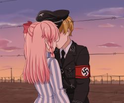 Rule 34 | 1boy, 1girl, blonde hair, girls&#039; frontline, hideyoshiao1, highres, kiss, nazi, negev (girls&#039; frontline), pink hair