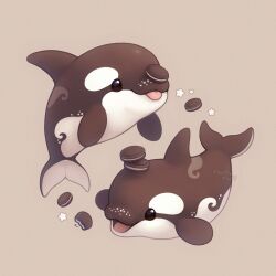 Rule 34 | animal, animal focus, artist name, brown background, brown theme, commentary, food, food bite, ida (floofyfluff), looking ahead, no humans, open mouth, orca, oreo, original, pun, simple background, star (symbol), tongue