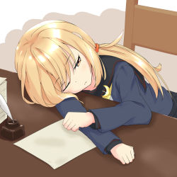 Rule 34 | 1girl, black sailor collar, black skirt, blonde hair, blue jacket, brown eyes, chair, commentary request, crescent, crescent pin, desk, frown, hair tie, ink bottle, jacket, kantai collection, long hair, long sleeves, low twintails, neckerchief, paper, paper stack, pleated skirt, quill, sailor collar, satsuki (kancolle), satsuki kai ni (kancolle), school uniform, serafuku, sitting, skirt, solo, twintails, yellow neckerchief, yumemi kusamochi