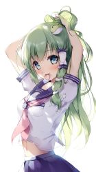 Rule 34 | 1girl, alternate costume, arms up, blue eyes, blue sailor collar, blue skirt, blush, breast pocket, breasts, commentary request, contemporary, frog hair ornament, green hair, hair ornament, hair tie, hair tie in mouth, hair tubes, kochiya sanae, long hair, looking at viewer, midriff, miyase mahiro, mouth hold, navel, neckerchief, pink neckerchief, pleated skirt, pocket, sailor collar, school uniform, serafuku, short sleeves, sidelocks, simple background, skirt, small breasts, smile, snake hair ornament, solo, touhou, tying hair, upper body, white background