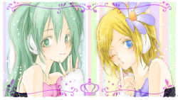 Rule 34 | 2girls, alternate hairstyle, arm warmers, bare shoulders, colorful x melody (vocaloid), dress, green eyes, green hair, hair ornament, hatsune miku, kagamine rin, long hair, lowres, multiple girls, nezuki, one eye closed, project diva, project diva (series), project diva 2nd, ribbon, short hair, smile, strapless, strapless dress, vocaloid, wink