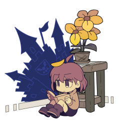 Rule 34 | 1girl, black eyes, black shorts, book, boots, brown footwear, brown hair, castle, chara (undertale), closed mouth, flag, flower, flower pot, full body, holding, holding book, houten (dre a mer), leaf, leaf on head, long sleeves, on floor, reading, shirt, short hair, shorts, simple background, sitting, table, undertale, white background, wooden floor, yellow flower