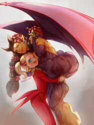 Rule 34 | 1boy, 1girl, antenna hair, aqua eyes, bat wings, black dress, black nails, black sleeves, blonde hair, bouquet, brown hair, carrying, carrying person, closed mouth, commentary request, couple, crossdressing, dark-skinned male, dark skin, dragon quest, dragon quest builders 2, dress, earrings, female builder (dqb2), floating clothes, flower, formal, from side, hair flower, hair ornament, hair pulled back, hair ribbon, height difference, hetero, highres, holding, holding bouquet, hoop earrings, jewelry, kasiwamoti11, long hair, looking at viewer, monster boy, muscular, muscular male, open mouth, pointy ears, red eyes, red lips, red ribbon, red suit, ribbon, sidoh (dqb2), silver earrings, spiked hair, suit, tuxedo, twintails, twitter username, very long hair, wings