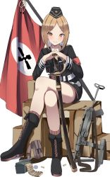 Rule 34 | 1girl, absurdres, armband, banner, bare legs, battle standard, belt, black footwear, black gloves, black necktie, blonde hair, blush, boots, box, brown eyes, cartridge, collared shirt, cross-laced footwear, crossed legs, eyebrows, flag, full body, gar32, garrison cap, girls&#039; frontline, gloves, gun, gun sling, hat, highres, holding, holding sword, holding weapon, knee boots, lace-up boots, looking at viewer, magazine (weapon), medal, military, military uniform, mp40, mp40 (girls&#039; frontline), necktie, pouch, red flag, sheath, shirt, short hair, simple background, sitting, solo, submachine gun, sword, uniform, war flag, weapon, white background, white shirt