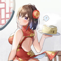 Rule 34 | 1girl, ?, back, baozi, bare arms, blush, breasts, brown hair, chair, china dress, chinese clothes, clothes lift, commentary request, crossed bangs, dress, dress lift, food, hair between eyes, hair bun, hair ornament, hawawa-chan (shiro kuma shake), highres, holding, holding tray, large breasts, looking at viewer, original, purple eyes, red dress, shiro kuma shake, shoulder blades, sleeveless, sleeveless dress, solo, spoken question mark, tray