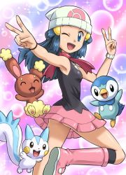 Rule 34 | 1girl, armpits, ass, beanie, blue eyes, blue hair, boots, buneary, creatures (company), dawn (pokemon), double v, game freak, gen 4 pokemon, hat, long hair, nintendo, one eye closed, pachirisu, piplup, pokemoa, pokemon, pokemon (anime), pokemon (creature), scarf, skirt, smile, v