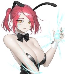 Rule 34 | 1girl, animal ears, bad id, bad pixiv id, bare shoulders, black bow, black bowtie, black leotard, bow, bowtie, breasts, cleavage, cyphers, detached collar, fake animal ears, hand up, highres, large breasts, leotard, looking at viewer, norunollu, parted lips, playboy bunny, rabbit ears, red hair, short hair, simple background, smile, solo, strapless, strapless leotard, sydney (cyphers), twintails, upper body, white background, yellow eyes