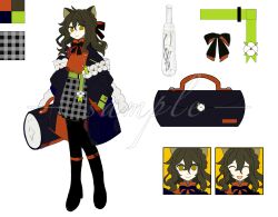 Rule 34 | 1girl, ^ ^, animal ears, bag, belt, belt buckle, black bag, black bow, black bowtie, black coat, black footwear, black skirt, blouse, boots, bow, bowtie, brown eyes, brown hair, buckle, buttons, cat ears, character sheet, chinese commentary, closed eyes, closed mouth, coat, collared shirt, color guide, commentary request, commission, cropped shoulders, flower, full body, glass bottle, green belt, hair bow, hand in pocket, handbag, high collar, highres, holding, holding bag, leg belt, long hair, looking at viewer, miniskirt, multiple views, open clothes, open coat, open mouth, orange belt, orange coat, orange shirt, original, plaid, plaid skirt, sample watermark, shirt, simple background, skirt, smile, thigh boots, tiankong yiji, two-sided coat, two-sided fabric, watermark, wavy hair, white background, white flower