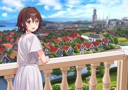 Rule 34 | 1girl, bird, blue sky, blush, brown eyes, brown hair, building, cloud, commentary request, day, dress, earrings, ferris wheel, furutaka (kancolle), heterochromia, hitakikan, jewelry, kantai collection, looking at viewer, official alternate costume, open mouth, outdoors, railing, scenery, short hair, short sleeves, sky, solo, tree, water, white dress, windmill, yellow eyes