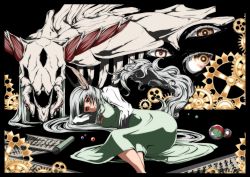 Rule 34 | 1girl, animal skull, ball, beachball, black background, border, breasts, dress, ex-keine, eyeball, gears, green hair, head rest, highres, horns, kamishirasawa keine, large breasts, long hair, long sleeves, looking at viewer, lying, marble (toy), on side, potato pot, red eyes, ribbon, scroll, simple background, skeleton, solo, tail, touhou, very long hair