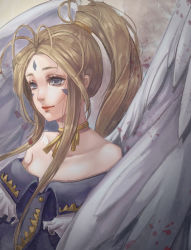 Rule 34 | 1girl, aa megami-sama, angel wings, antenna hair, bare shoulders, belldandy, blue eyes, breasts, brown hair, commentary request, facial mark, forehead mark, high ponytail, joan82610, long hair, sidelocks, solo, upper body, white wings, wings