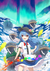 Rule 34 | 1girl, absurdres, ambasa, aurora, black hat, blue hair, blue skirt, blue sky, bow, bowtie, clenched hand, cloud, cloudy sky, commentary request, day, falling petals, fire, floating, food, fruit, fruit hat ornament, hat, highres, hinanawi tenshi, holding, holding sword, holding weapon, keystone, leaf, leaf hat ornament, long hair, open mouth, peach, peach hat ornament, petals, puffy short sleeves, puffy sleeves, rainbow gradient, rainbow order, red bow, red bowtie, red eyes, rock, rope, shide, shimenawa, shirt, short sleeves, skirt, sky, smile, solo, sword, sword of hisou, touhou, weapon, white shirt, yellow petals