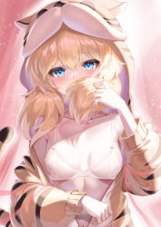 Rule 34 | 1girl, animal costume, animal hood, animal print, betty (ferocious housecat) (neural cloud), betty (neural cloud), blonde hair, blue eyes, blush, bra, breasts, commentary request, ehart, girls&#039; frontline, girls&#039; frontline neural cloud, hair over mouth, hood, idw (girls&#039; frontline), long sleeves, looking at viewer, medium breasts, official alternate costume, open clothes, solo, tiger costume, tiger print, underwear, upper body, white bra
