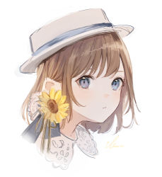 Rule 34 | 1girl, black ribbon, blue eyes, boater hat, brown hair, closed mouth, commentary request, expressionless, flower, hair ribbon, hat, highres, ikoan, looking at viewer, original, portrait, ribbon, short hair, signature, simple background, solo, sunflower, white background, white hat, yellow flower