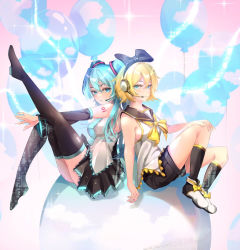 Rule 34 | boots, detached sleeves, full body, hatsune miku, highres, kagamine rin, looking at viewer, pan da425, skirt, thigh boots, thighhighs, twintails