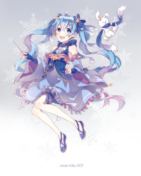 Rule 34 | 1girl, 2017, ahoge, blue eyes, blue hair, character name, detached sleeves, dress, earrings, fingerless gloves, full body, gloves, grey background, hair ornament, hair ribbon, hairclip, hatsune miku, highres, jewelry, long hair, open mouth, outstretched arms, rabbit, ribbon, scarf, sentaro207, snowflakes, spread arms, twintails, very long hair, vocaloid, wand, yuki miku, yukine (vocaloid)