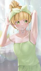 Rule 34 | 1girl, absurdres, arm up, armpits, blonde hair, blunt bangs, breasts, camisole, collarbone, curtains, green camisole, green eyes, green shorts, hair bun, hair tie, heanna sumire, highres, love live!, love live! superstar!!, mouth hold, nyako (utaneko31), short hair, shorts, sidelocks, single hair bun, small breasts, solo, upper body, window