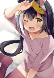 Rule 34 | 1girl, animal ear fluff, animal ears, arm up, black hair, blush, breasts, cat ears, cat girl, collarbone, commentary request, fang, fang out, green eyes, karyl (princess connect!), long hair, looking at viewer, low twintails, multicolored hair, natsume eri, no shoes, one eye closed, open mouth, pajamas, princess connect!, purple pajamas, purple shirt, purple shorts, red thighhighs, shirt, short shorts, shorts, simple background, sitting, sleep mask, small breasts, solo, streaked hair, thighhighs, thighs, twintails, very long hair, white background, white hair, yokozuwari