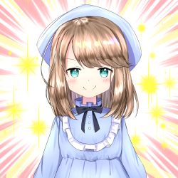Rule 34 | 1girl, aqua eyes, beret, black bow, black bowtie, blue dress, blue hat, blush, bow, bowtie, brown hair, child, closed mouth, dress, emphasis lines, female focus, flat chest, happy, hat, highres, k2 buccalcone, kumonoue yumemi, long hair, long sleeves, looking at viewer, smile, solo, sparkle, standing, straight-on, swept bangs, textless version, transparent background, upper body, virtual youtuber, yumemi channel