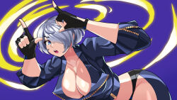 Rule 34 | 1girl, angel (kof), backless pants, blue eyes, bra, breasts, chaps, cleavage, crop top, cropped jacket, fingerless gloves, gloves, hair over one eye, highres, horns pose, index fingers raised, jacket, large breasts, leather, leather jacket, looking at viewer, midriff, navel, panties, pants, short hair, snk, solo, strapless, strapless bra, the king of fighters, the king of fighters xiv, toned, underwear, white hair, zer0z vi