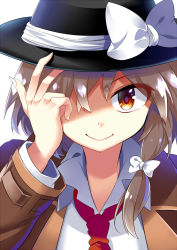 Rule 34 | &gt;:), adjusting clothes, adjusting headwear, black hat, bow, brown jacket, close-up, closed mouth, collared shirt, e.o., fedora, fingernails, hat, hat bow, jacket, long fingernails, necktie, open clothes, open jacket, red necktie, shaded face, shirt, smile, solo, touhou, upper body, usami renko, v-shaped eyebrows, white bow, wing collar