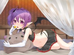 Rule 34 | 1girl, ahoge, bare shoulders, bed sheet, black choker, black panties, black sailor collar, black scrunchie, black shirt, black skirt, black socks, black wings, blush, cat-shaped pillow, choker, commentary request, crop top, curtains, demon tail, demon wings, earrings, elbow gloves, frilled skirt, frills, gloves, hair between eyes, hair intakes, hair ornament, hair scrunchie, highleg, highleg panties, highres, holding, jewelry, kneehighs, looking at viewer, midriff, nachiku, navel, on bed, original, panties, parted lips, pleated skirt, pointy ears, ponytail, purple eyes, purple hair, sailor collar, school uniform, scrunchie, serafuku, shirt, side-tie panties, side ponytail, skirt, sleeveless, sleeveless shirt, socks, solo, tail, tongue, tongue out, transparent, underwear, white gloves, wings