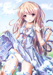 Rule 34 | 1girl, bare arms, bare shoulders, blue dress, blue sky, blush, bow, bow panties, breasts, brown hair, cleavage, clothes lift, cloud, commentary request, day, dress, dress lift, hair between eyes, holding, holding hose, hose, lifted by self, long hair, looking at viewer, open mouth, original, outdoors, panties, purple eyes, red hair, red ribbon, ribbon, shihou haru, sky, sleeveless, sleeveless dress, small breasts, solo, underwear, very long hair, water drop, white panties