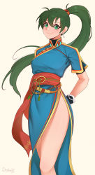 Rule 34 | 1girl, breasts, commentary, cowboy shot, darahan, dress, earrings, english commentary, fire emblem, fire emblem: the blazing blade, gloves, green eyes, green hair, high ponytail, jewelry, long hair, looking at viewer, lyn (fire emblem), medium breasts, nintendo, pelvic curtain, ponytail, simple background, smile, solo, thighs, very long hair