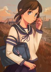 Rule 34 | 10s, 1girl, adapted costume, bad id, bad pixiv id, blue eyes, blurry, depth of field, fubuki (kancolle), kantai collection, light smile, looking at viewer, low ponytail, makio (makiomeigenbot), outdoors, pleated skirt, ponytail, school uniform, serafuku, sidelocks, skirt, solo, upper body