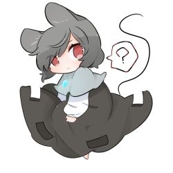 Rule 34 | 1girl, :&lt;, ?, animal ears, barefoot, capelet, chibi, commentary request, dress, full body, grey dress, grey hair, highres, jewelry, kurotaro, long sleeves, looking at viewer, mouse ears, mouse tail, nazrin, one-hour drawing challenge, pendant, red eyes, shirt, simple background, solo, spoken question mark, tail, touhou, white background, white shirt