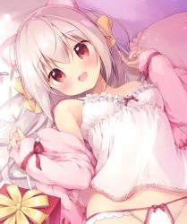 Rule 34 | 1girl, bare shoulders, blush, bow, bow panties, box, breasts, camisole, commentary, frilled camisole, frilled pillow, frills, gift, gift box, grey hair, hair between eyes, hair bow, hands up, jacket, long hair, long sleeves, lying, miyasaka naco, off shoulder, on back, open clothes, open jacket, original, panties, pillow, pink jacket, red eyes, sleeves past wrists, small breasts, solo, symbol-only commentary, underwear, underwear only, very long hair, white camisole, white panties, yellow bow