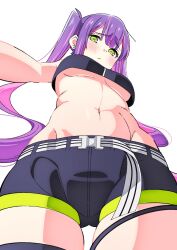 Rule 34 | 1girl, black shorts, breasts, closed mouth, earrings, from below, green eyes, highres, hololive, jewelry, long hair, looking at viewer, looking down, medium breasts, midriff, multicolored hair, navel, pink hair, purple hair, sakura 1110ssmm, short shorts, shorts, sidelocks, simple background, solo, stud earrings, tokoyami towa, tokoyami towa (1st costume), twintails, underboob, virtual youtuber, white background