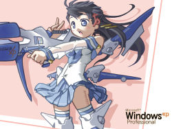 Rule 34 | 1girl, :o, antenna hair, black hair, blue eyes, blue skirt, blush, breasts, buttons, character name, clothes lift, cowboy shot, detached sleeves, fighting stance, floating hair, framed, from side, gun, hair ornament, hair ribbon, huge weapon, long hair, mecha musume, medium breasts, open mouth, os-tan, outstretched arm, panties, pink background, pleated skirt, ribbon, see-through, shadow, shirt, simple background, skirt, skirt lift, sleeveless, sleeveless shirt, solo, standing, thighhighs, tress ribbon, underwear, upskirt, very long hair, weapon, white panties, white thighhighs, wind, wind lift, wings, xp-tan, zettai ryouiki