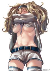 Rule 34 | 1girl, bad id, bad twitter id, belt, blonde hair, blush, breasts, closed mouth, clothes lift, gambier bay (kancolle), hair between eyes, headband, juurouta, kantai collection, large breasts, long hair, multicolored clothes, neckerchief, no bra, shirt, shirt lift, short shorts, shorts, simple background, solo, thighhighs, twintails, white background