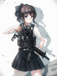 Rule 34 | 1girl, absurdres, aqua eyes, black skirt, blue eyes, bow, brown hair, collared shirt, cowboy shot, floating hair, grey skirt, gun, hair bow, handgun, highres, holding, holding gun, holding weapon, holstered, load bearing vest, looking at viewer, magazine (weapon), necktie, original, parted lips, pleated skirt, ponytail, shadow, shirt, short sleeves, sidelocks, skirt, sleeves rolled up, solo, standing, striped, striped bow, striped necktie, submachine gun, tactical clothes, thighhighs, tuziki sang, weapon, white background, white shirt, white thighhighs