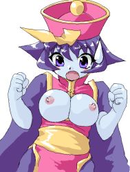 Rule 34 | 1girl, blue skin, blush stickers, breasts, breasts out, capcom, chinese clothes, clenched hands, colored skin, fangs, flipped hair, hair between eyes, hands up, hat, jiangshi, large breasts, lei lei, nipples, oekaki, ofuda, open mouth, purple eyes, purple hair, qingdai guanmao, simple background, solo, surprised, sweatdrop, toushi ryoku, vampire (game), wardrobe malfunction