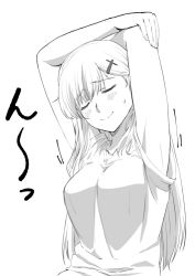 Rule 34 | 1girl, armpits, blush, commentary request, closed eyes, greyscale, hair ornament, hairclip, ishii hisao, kantai collection, long hair, monochrome, shirt, short sleeves, simple background, solo, suzuya (kancolle), white background