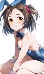 Rule 34 | 1girl, absurdres, animal ears, bare shoulders, blue bow, blue bowtie, blue leotard, blush, bow, bowtie, brown hair, closed mouth, commentary request, detached collar, fake animal ears, fake tail, flat chest, hair ornament, hair scrunchie, highres, idolmaster, idolmaster cinderella girls, leotard, looking at viewer, one side up, playboy bunny, popon ta, rabbit ears, rabbit tail, red scrunchie, scrunchie, short hair, simple background, sitting, smile, solo, strapless, strapless leotard, tail, white background, white wrist cuffs, wrist cuffs, yanase miyuki, yellow eyes