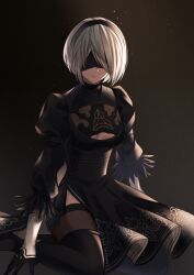 Rule 34 | 1girl, 2b (nier:automata), absurdres, annno ans, black background, black blindfold, black dress, black footwear, black gloves, black hairband, blindfold, boots, breasts, cleavage cutout, closed mouth, clothing cutout, covered eyes, dress, facing viewer, feather-trimmed sleeves, feet out of frame, gloves, hairband, highres, juliet sleeves, leather, leather boots, long sleeves, medium breasts, mole, mole under mouth, nier:automata, nier (series), puffy sleeves, short hair, sidelighting, sitting, solo, thigh boots, thighhighs, thighhighs under boots, vambraces, wariza, white hair, 2b (nier:automata)