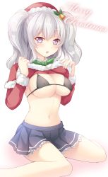 Rule 34 | 10s, 1girl, alternate costume, bell, black bra, blush, bow, bowtie, bra, breasts, christmas, cleavage, clothes lift, covered erect nipples, cross, female focus, fur trim, green bow, green bowtie, hair bell, hair ornament, hat, holly, izumi akane, kantai collection, kashima (kancolle), large breasts, lifting own clothes, long hair, long sleeves, looking at viewer, merry christmas, micro bra, miniskirt, mistletoe, pleated skirt, purple eyes, santa costume, santa hat, shirt lift, silver hair, sitting, skirt, solo, two side up, underwear, wariza, wavy hair, white background