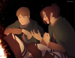 Rule 34 | 1boy, 1other, boots, brown eyes, brown footwear, brown hair, brown jacket, cloak, commentary, embers, english commentary, fire, goggles, green cloak, hange zoe, hanpetos, jacket, knee boots, moblit berner, night, open mouth, ponytail, shingeki no kyojin, sitting, smile, translation request