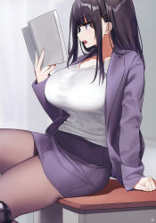 Rule 34 | 1girl, absurdres, arm at side, arm support, black footwear, black hair, black pantyhose, blazer, book, breasts, collarbone, commentary, curvy, desk, fine fabric emphasis, fingernails, formal, from side, hair ornament, hairclip, highres, holding, holding book, huge breasts, indoors, jacket, kaisen chuui, knee up, large breasts, long hair, long sleeves, looking away, nail polish, on desk, open book, open mouth, original, pantyhose, pencil skirt, pink nails, purple jacket, purple skirt, reclining, school desk, sitting, on desk, sitting on table, skindentation, skirt, skirt suit, solo, suit, table, teacher, teeth, thick thighs, thighs, tongue, upper teeth only