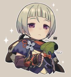 Rule 34 | 1girl, :&lt;, bow, brown background, closed mouth, commentary request, cropped torso, elbow gloves, fingerless gloves, genshin impact, gloves, grey hair, holding, holding leaf, leaf, looking at viewer, mawaru (mawaru), motion lines, no headwear, purple eyes, purple gloves, red bow, sayu (genshin impact), short hair, short sleeves, simple background, solo, sparkle, upper body